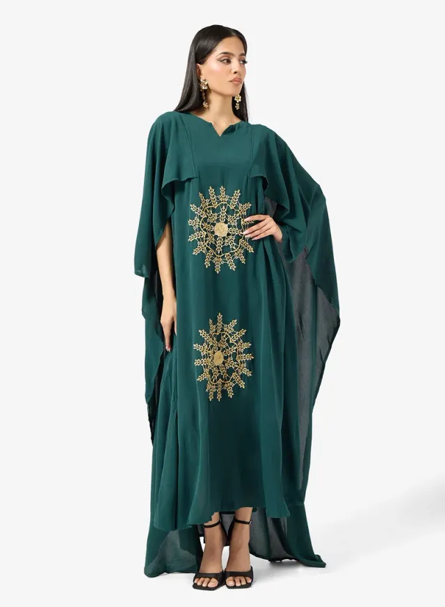 Green Embroidered Kaftan with Cape for Women - Ramadan Style – image 4