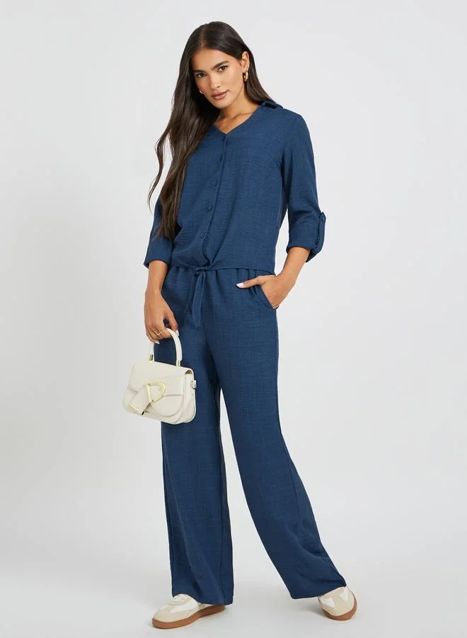 Solid Elastic Waist Wide Leg Pants Deep Slate Blue