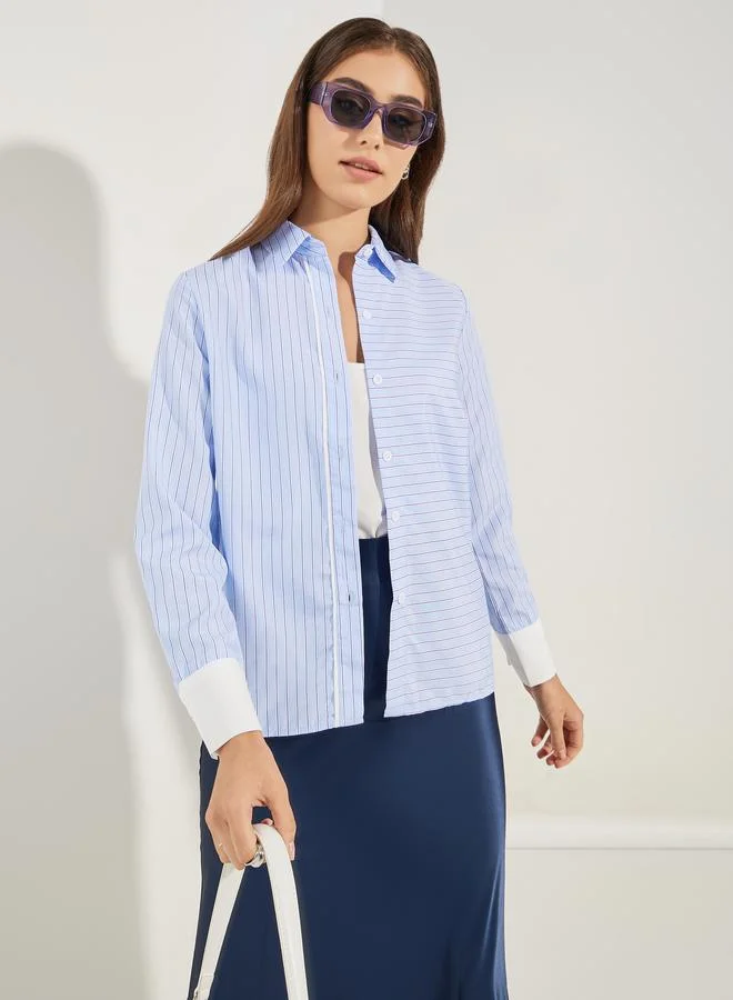 Striped Contrast Cuff Shirt Blue