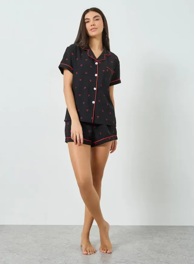 Cherry Print Shirt and Shorts Set Black – image 2