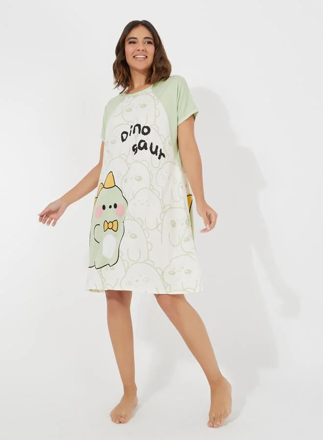 Dinosaur Print Raglan Sleep Dress Light Steel Blue