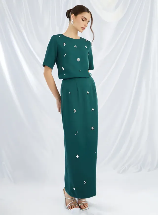 Embellished Short Sleeve Co-ord Set Deep Green