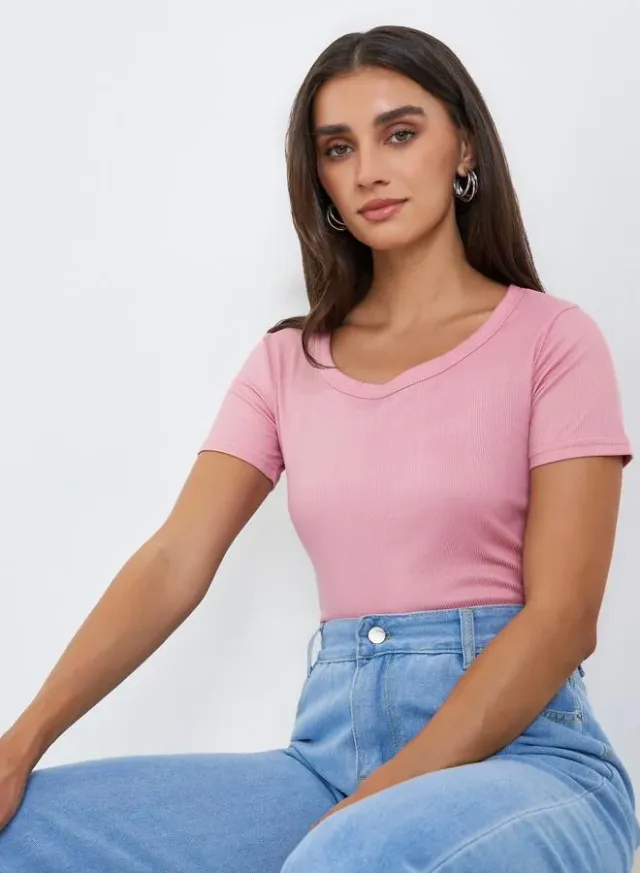 Ribbed Knit Short Sleeve Top Pink – image 5