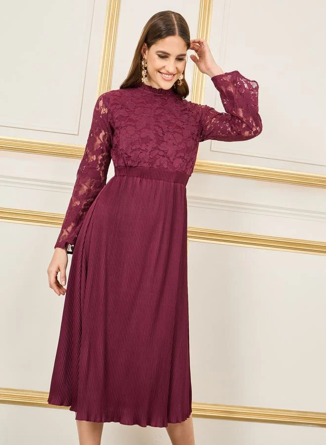 Styli Satin Lace Pleated Midi Dress