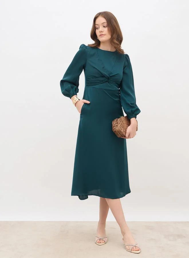 Styli Women's Satin Knot Front Balloon Sleeve Midi Dress Teal