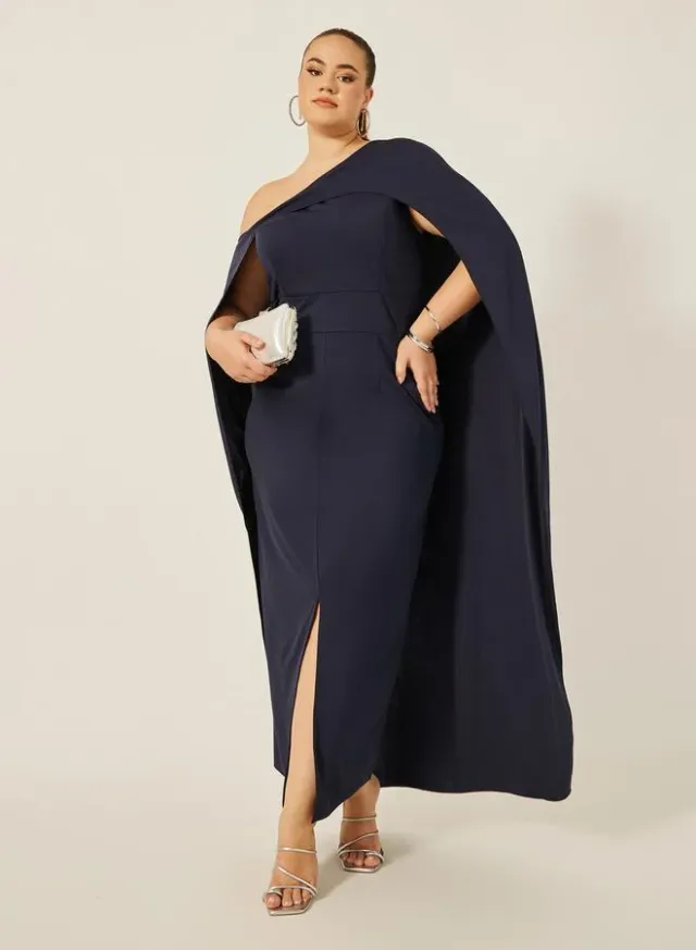 Plus Cape Sleeve Slit Maxi Dress Navy Blue