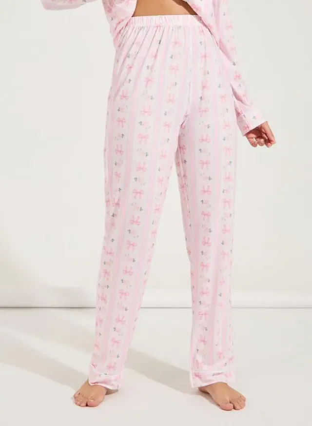 Linear Bow Print Long Sleeve Pyjama Set Pale Pink – image 5
