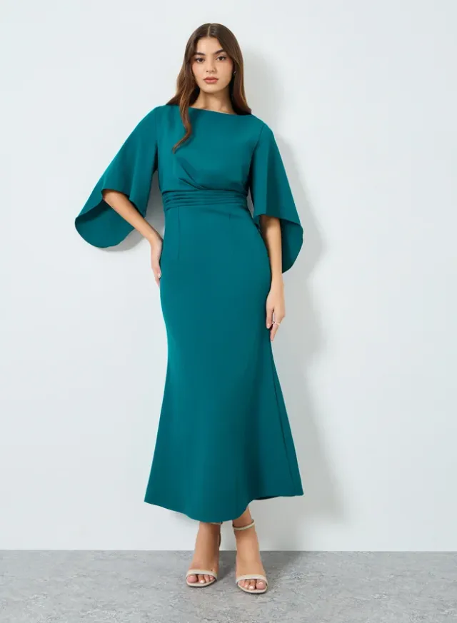 Flared Sleeve A-Line Maxi Dress Blue – image 4