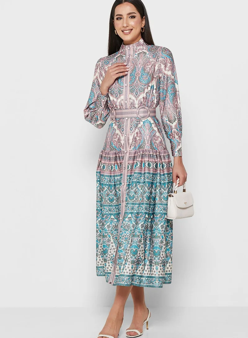 Paisley Print Midi Dress Light Gray