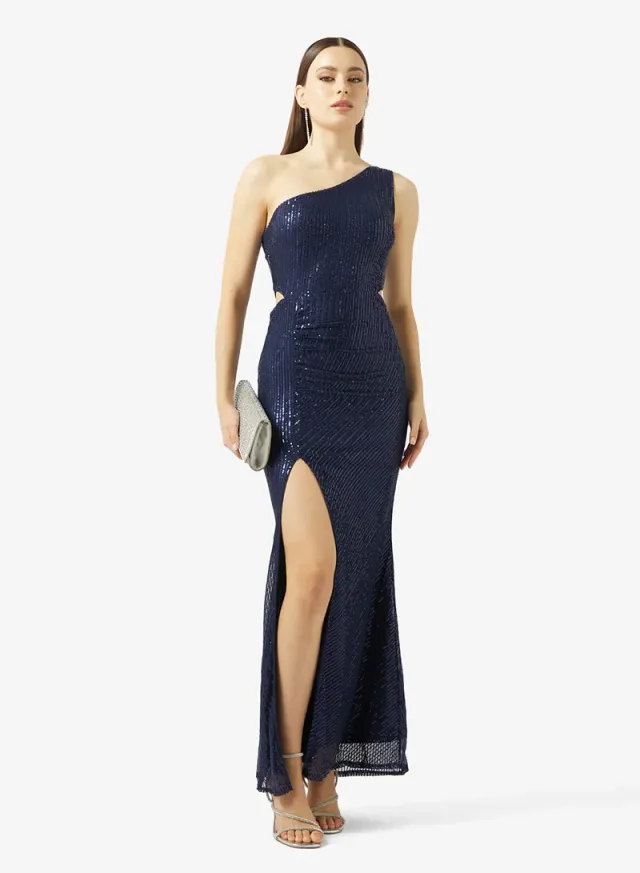 Navy Blue One-Shoulder Maxi Dress with Shimmer Finish – image 4