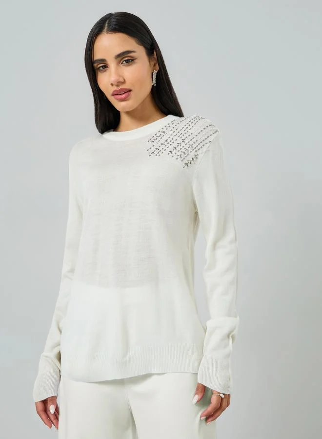 Off-White Embellished Regular Fit Sweater Beige