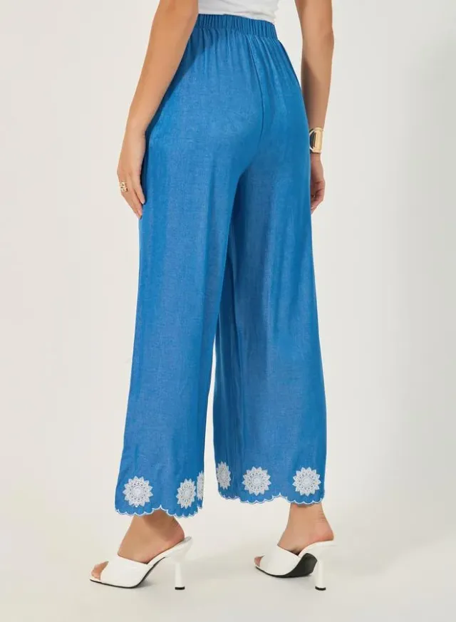 Embroidered Scalloped Wide Leg Pants Bright Blue – image 4