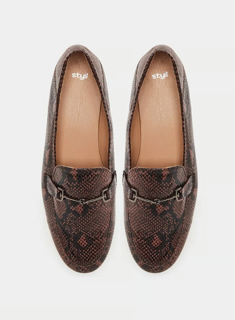 Snake Print Flat Loafers Brown