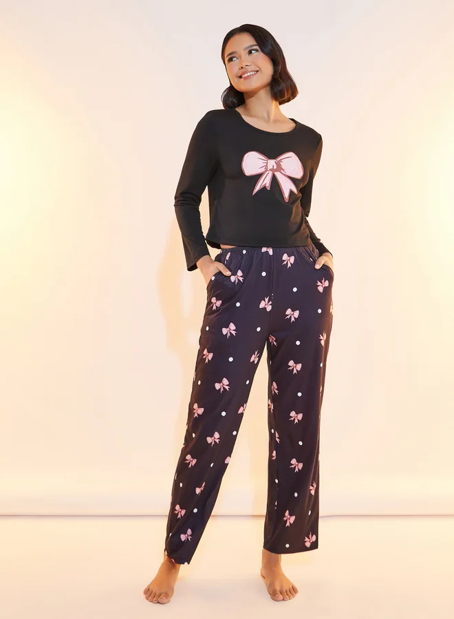 Take Two Bow Print T-Shirt and Pyjama Set Black