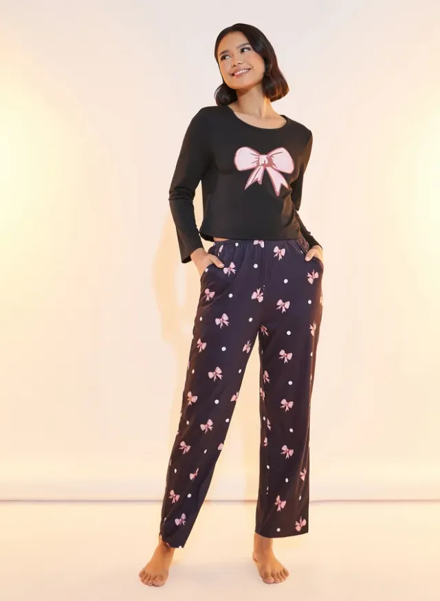 Take Two Bow Print T-Shirt and Pyjama Set Black