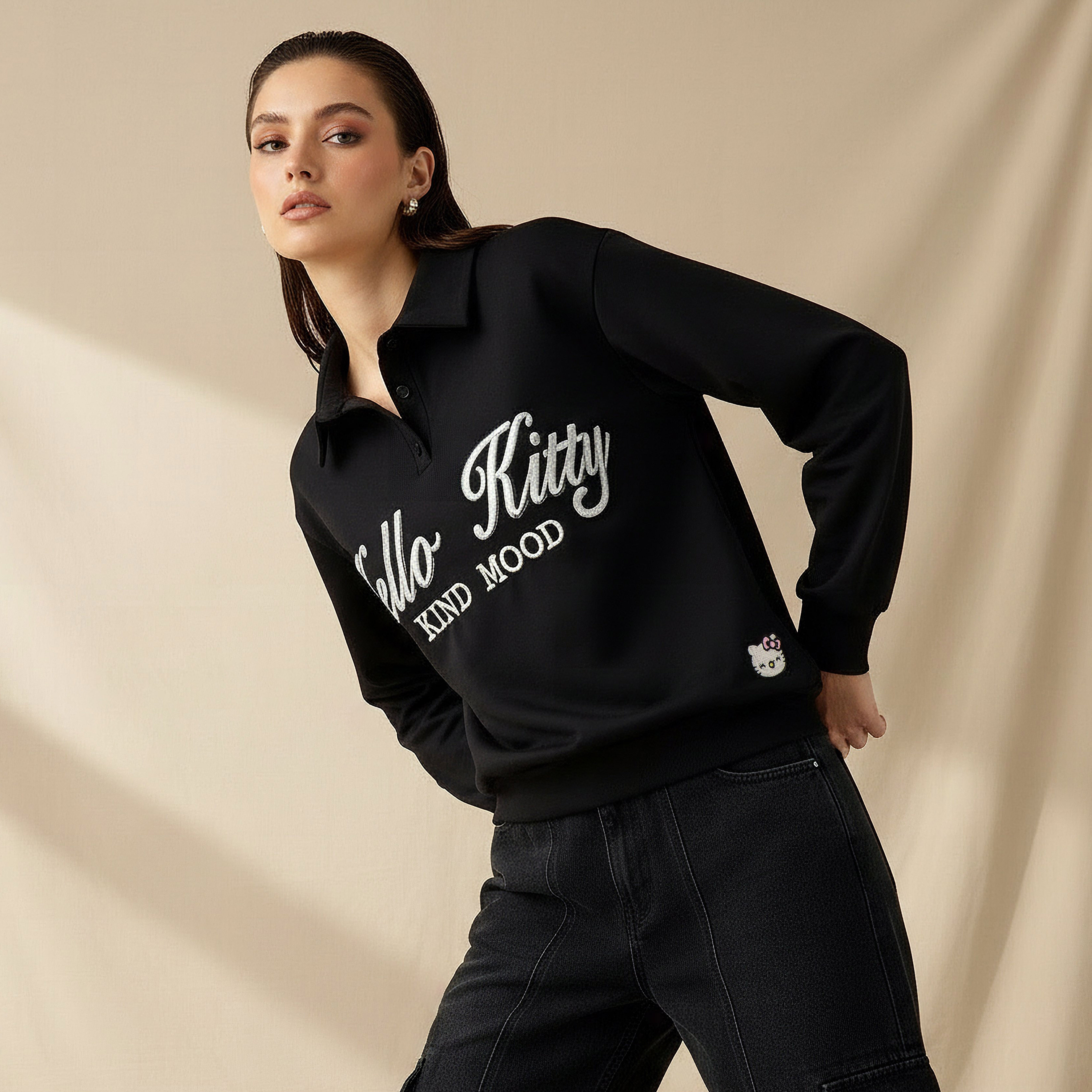 Hello Kitty Polo Collar Sweatshirt Black