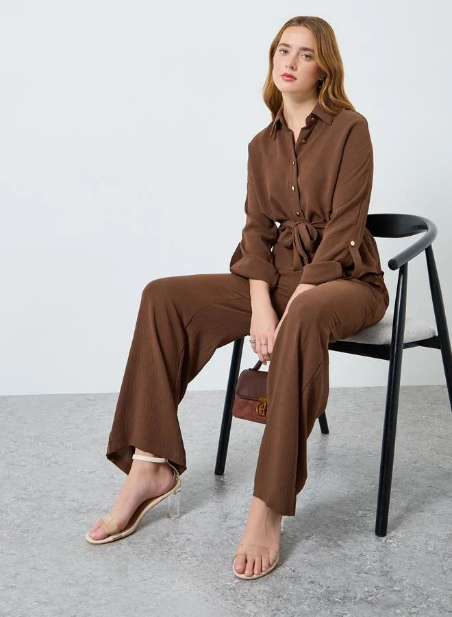 Women's Belted Roll-Up Shirt and Pants Set Brown