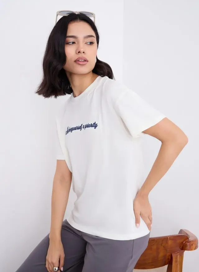 Styli Embroidered Slogan Boxy Fit T-Shirt Cream