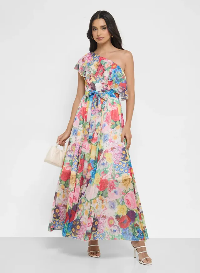 Multicolored Floral One-Shoulder Maxi Dress – image 4