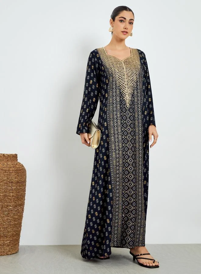 Foil Print Sweetheart Neck Jalabiya Deep Indigo