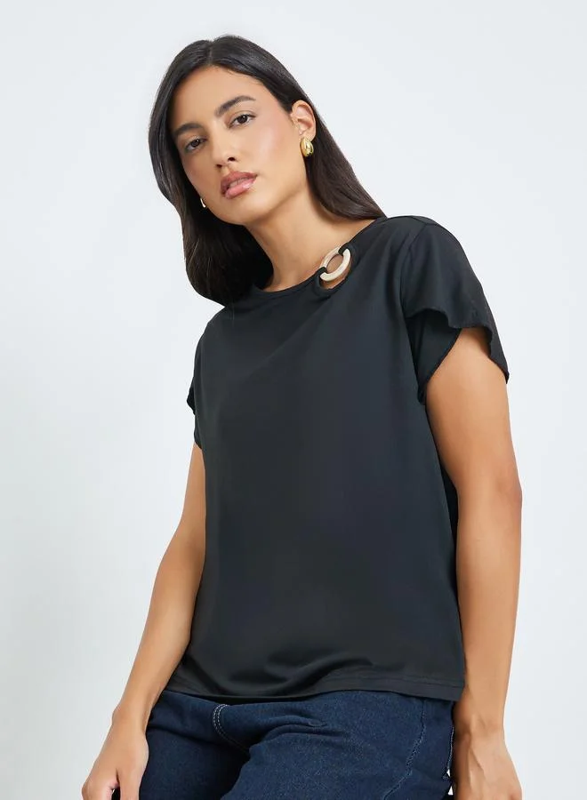 O-Ring Detail Round Neck T-Shirt Black