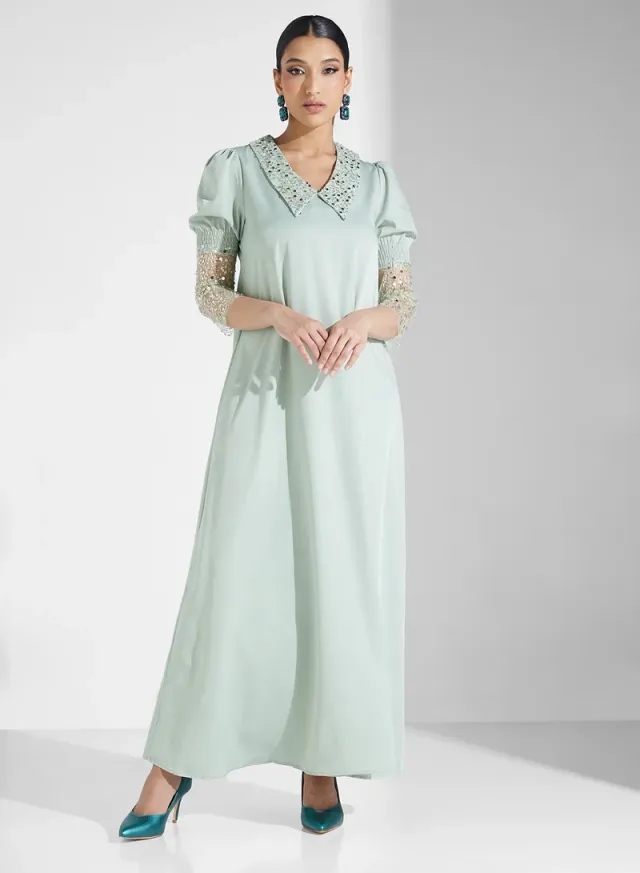 Seafoam Green Maxi Fit & Flare Dress with V Neck and Shimmer 3/4 Sleeves – image 4
