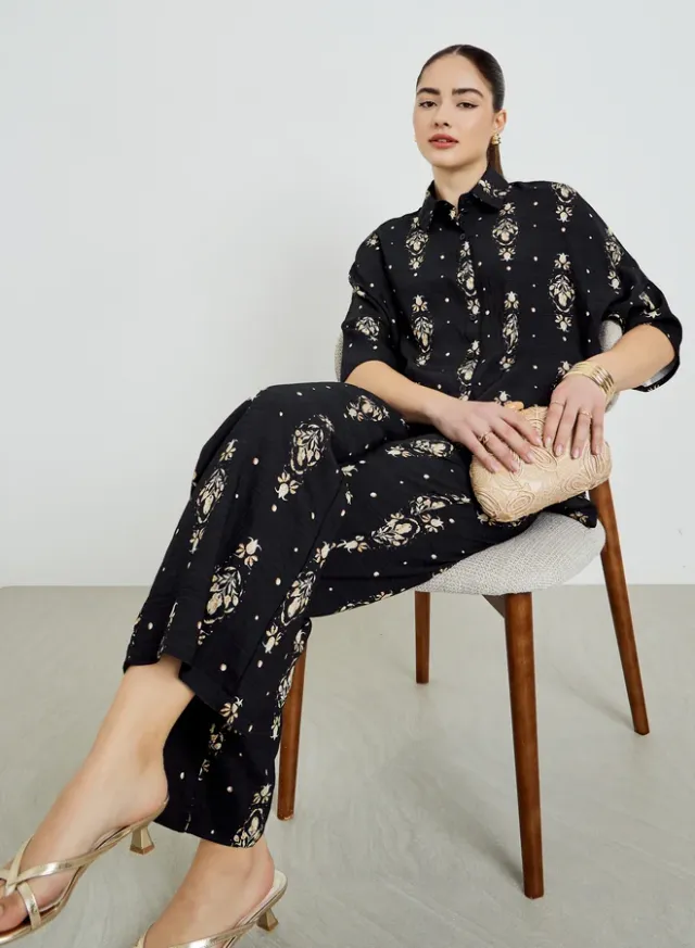 Printed Shirt & Pants Co-Ord Set Black