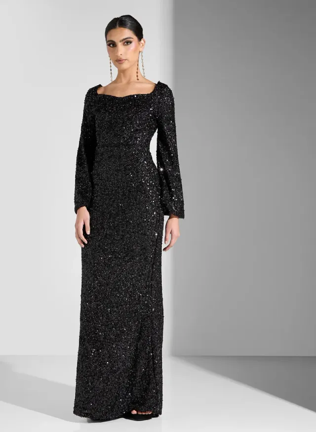 Black Sequin Maxi Dress with Square Neck and Long Bell Sleeves – image 4