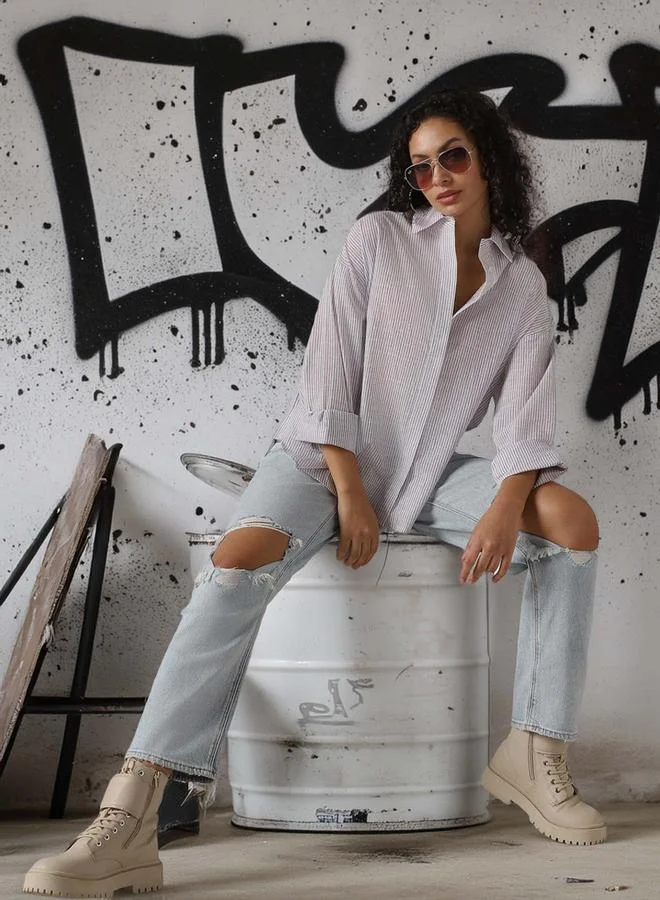 Women's Oversized Striped Cotton Button Down Shirt Beige