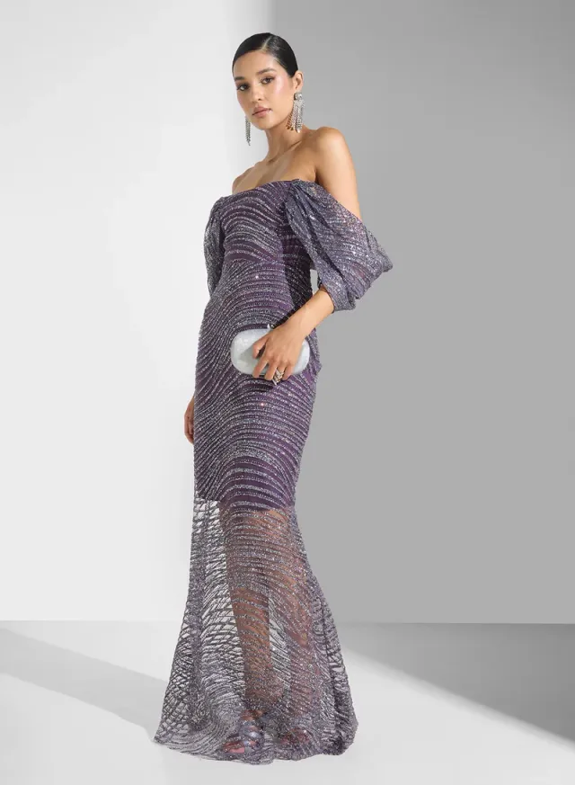 Navy Blue Off-Shoulder Shimmer Midi Dress – image 4