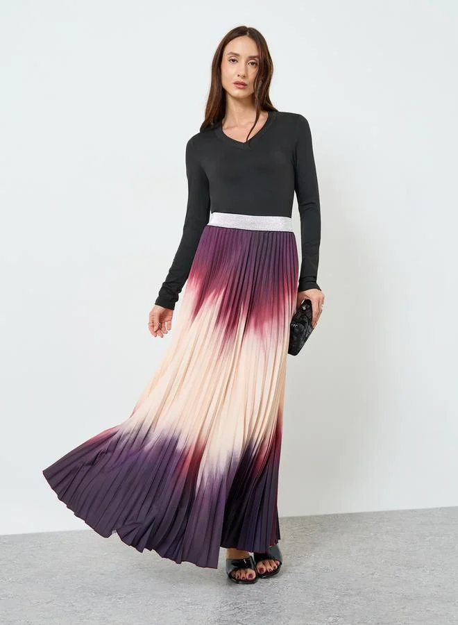 Women's V-Neck Top and Pleated Skirt Set Dark Magenta