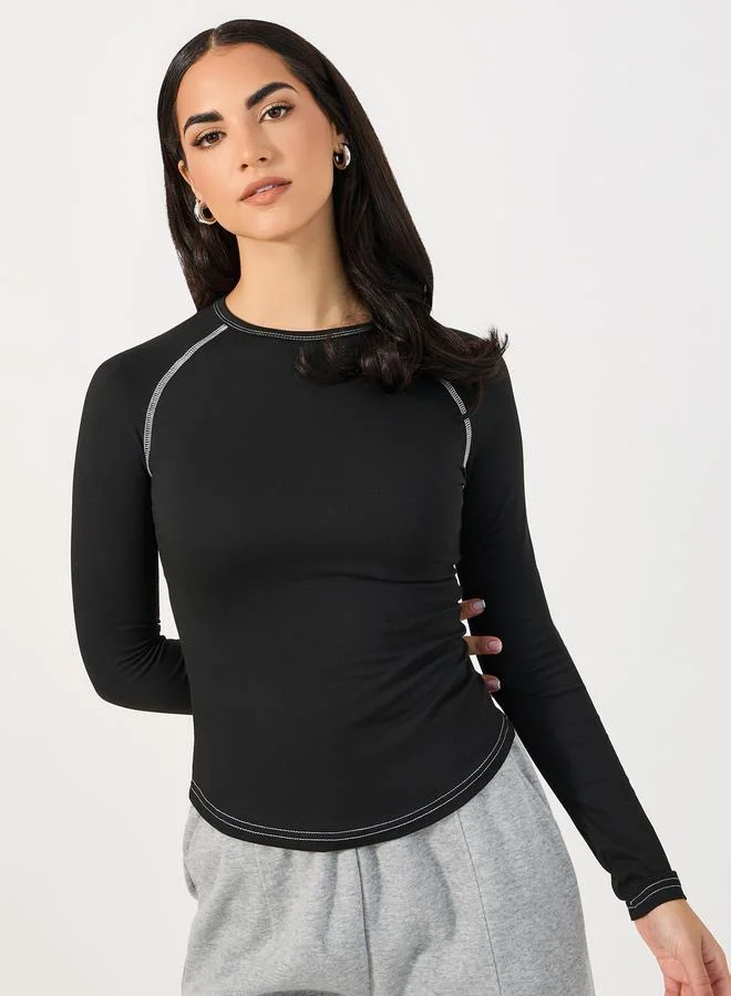 Contrast Stitch Raglan Fitted T-Shirt Black