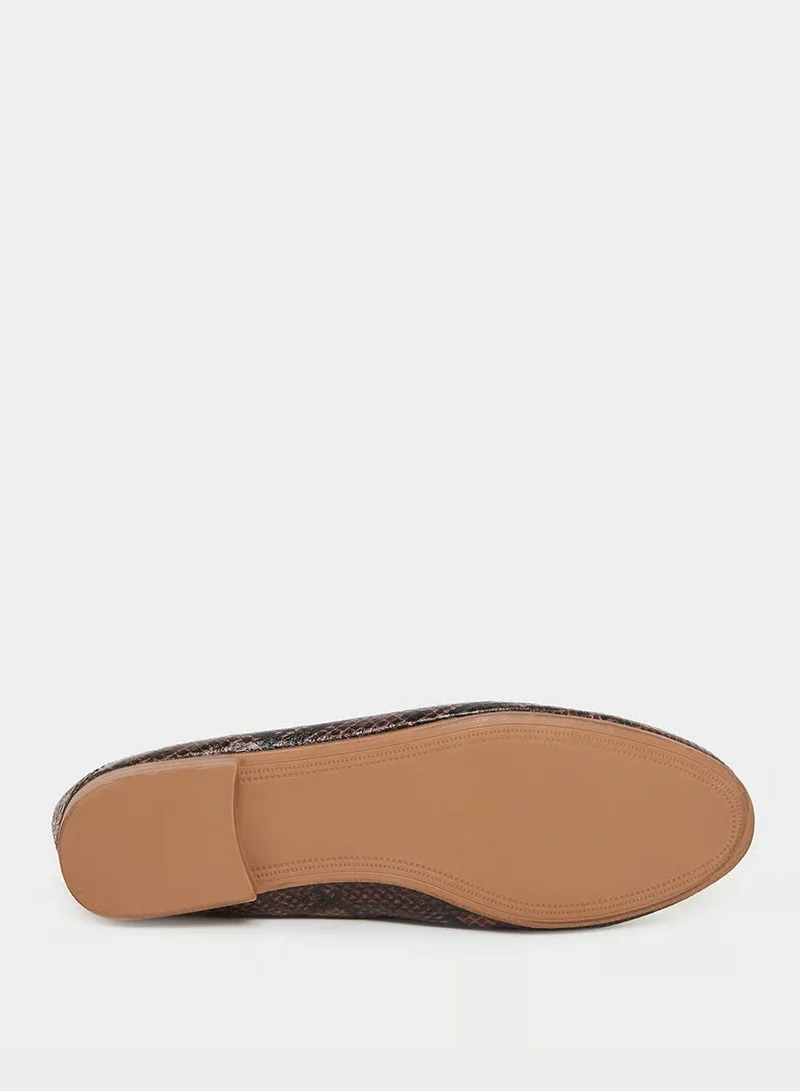 Snake Print Flat Loafers Brown