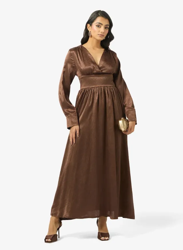Chocolate Brown Maxi Wrap Dress with V Neck and Long Sleeves – image 4