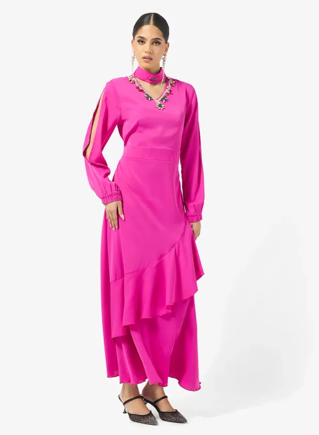 Hot Pink Maxi Dress with Asymmetrical Ruffles and Embellishments – image 4