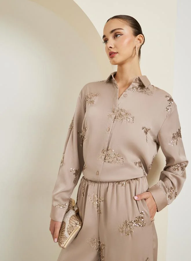 Sequined Embroidered Satin Evening Shirt Beige