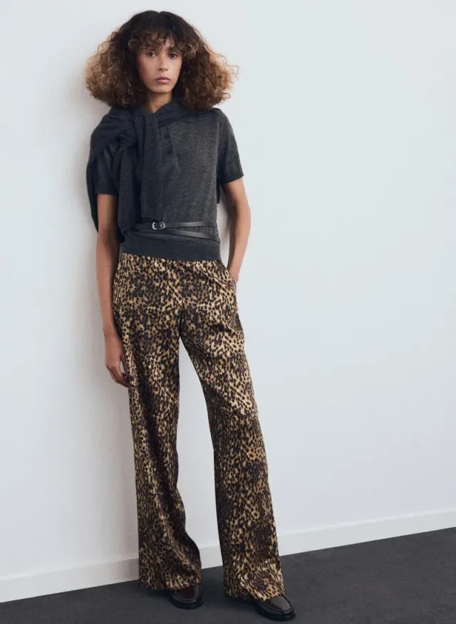 Leopard Print Satin Trousers - Marron - Mid-Rise - Side Zip - 100% Polyester – image 4