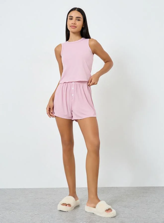 Lettuce Hem Tank Top and Shorts Set Pink