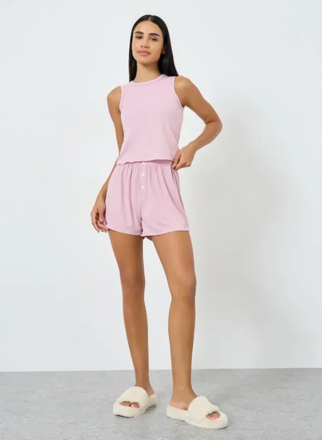 Lettuce Hem Tank Top and Shorts Set Pink