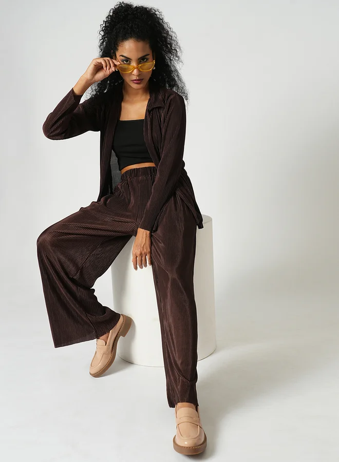 Textured Striped Shirt and Wide Leg Trousers Set Brown