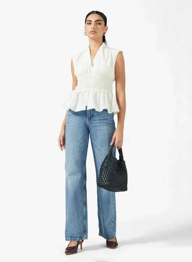 White V-Neck Sleeveless Peplum Top with Front Zipper – image 4
