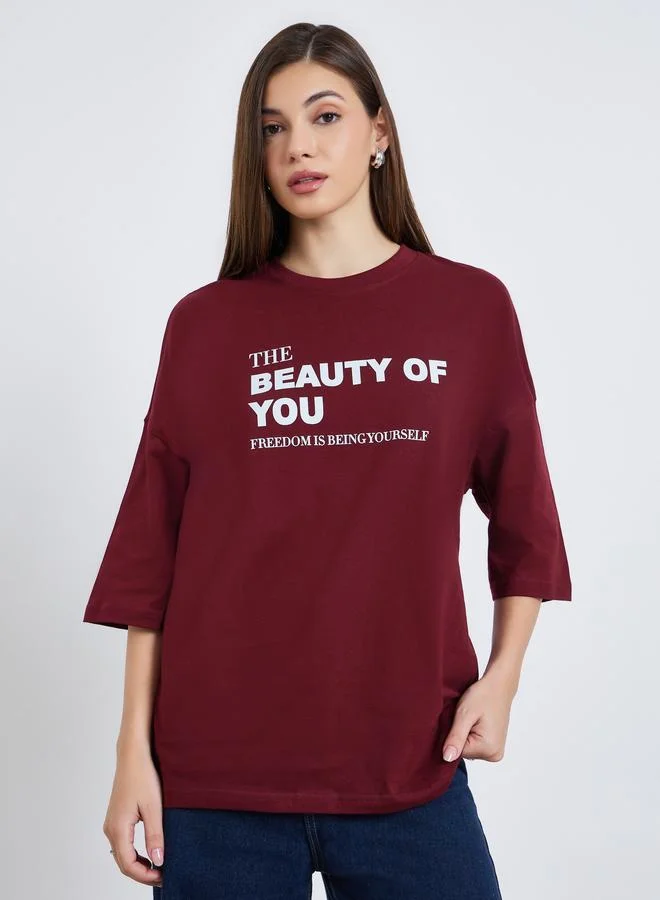 Women's Slogan Oversized T-Shirt Burgundy