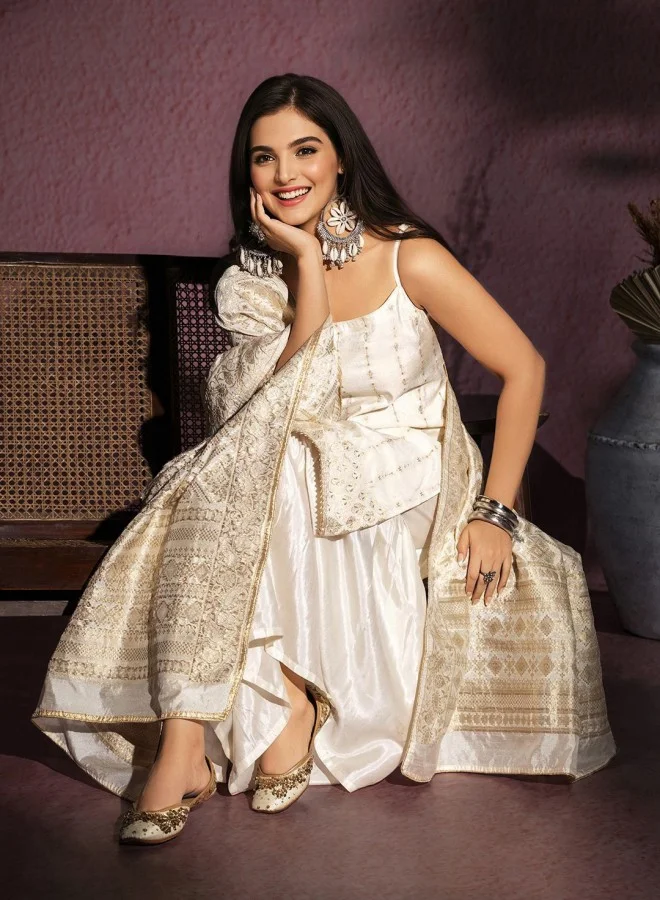 Women's Rayon Embellished Kurta Palazzo Set Beige