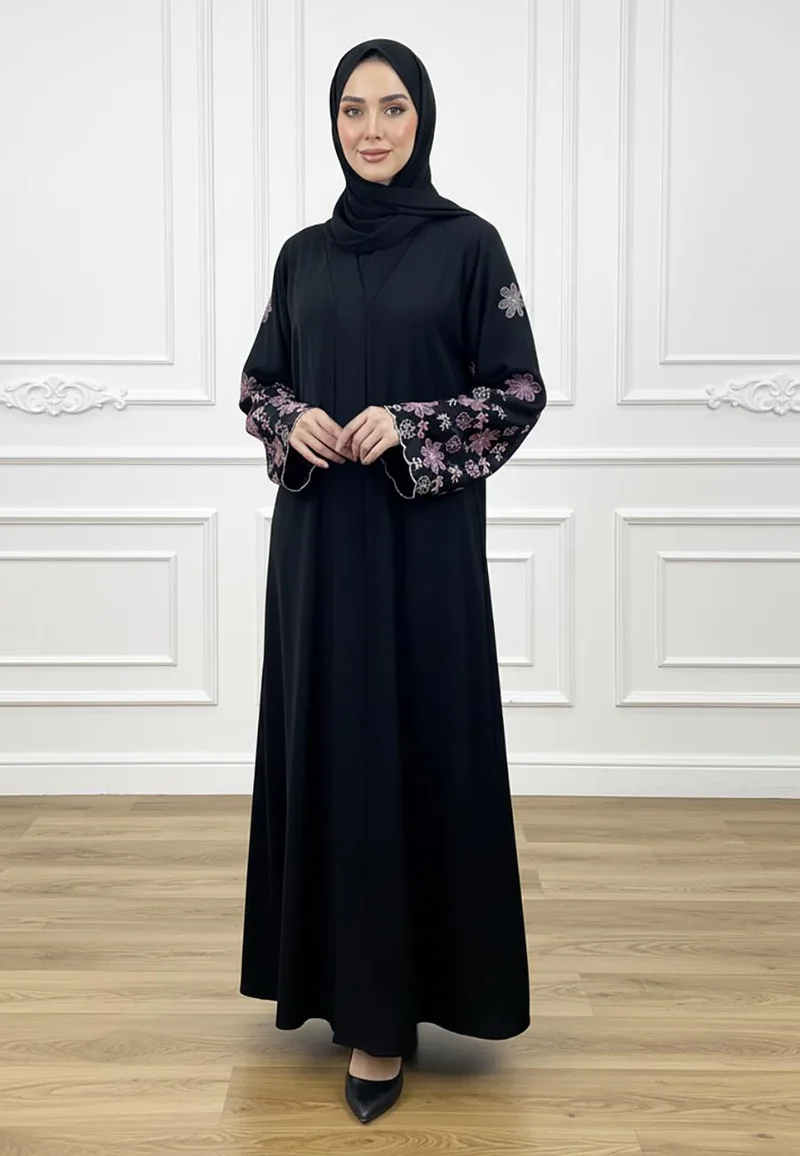عباية Amethyst Flora بأكمام صدفية أسود