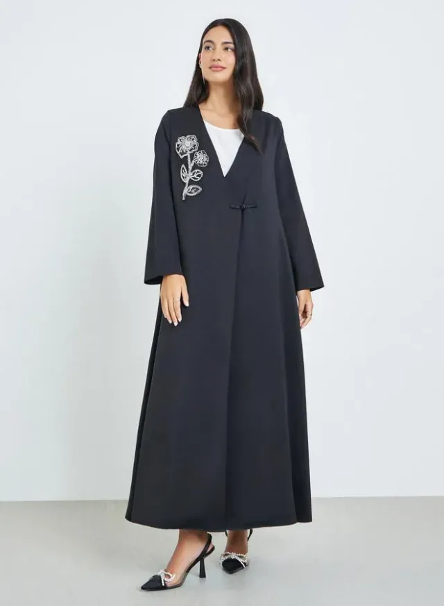 Women's Black Embroidered Abaya with Loop Button Closure – image 3