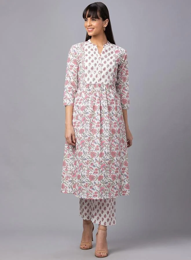 Globus Printed Mandarin Collar Kurta Set Ivory