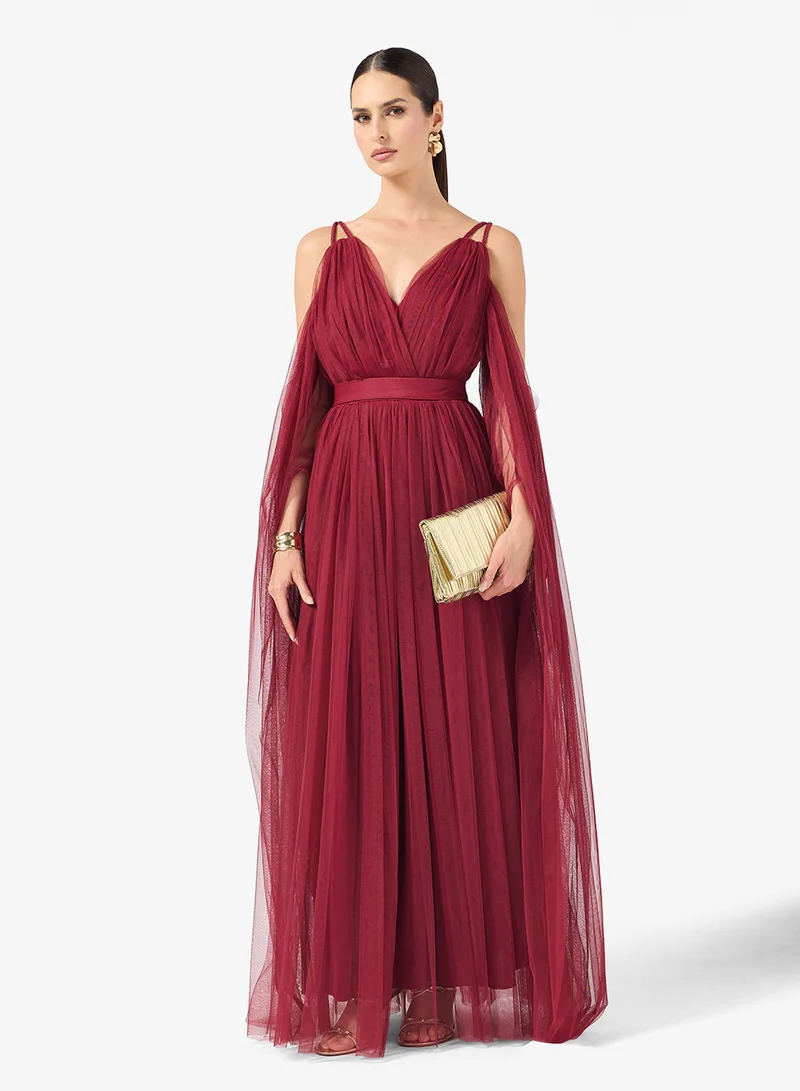 Exaggerated Sleeve Cold Shoulder Evening Dress