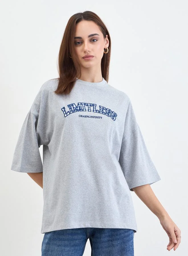 Oversized Slogan Print T-Shirt Grey