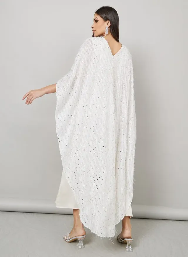 Off-White Embellished Bodycon Midi Dress with Sheer Capelet – image 4