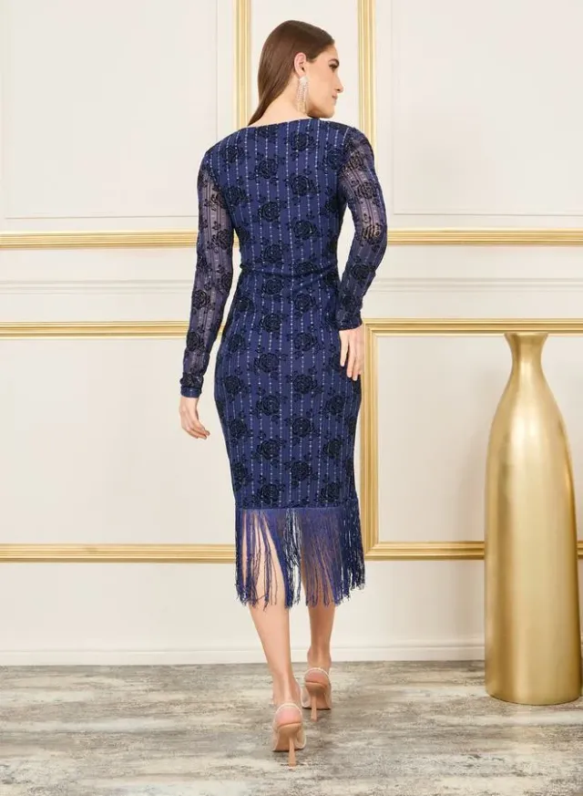 Navy Blue Floral Fringe Midi Wrap Dress - V Neck, Long Sleeves – image 4